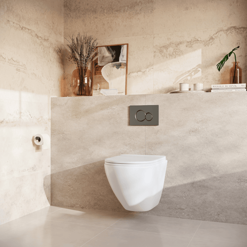 LOMAZOO hangtoiletset Linea - met inbouwreservoir & ronde drukplaat - rond - gun metal / wit