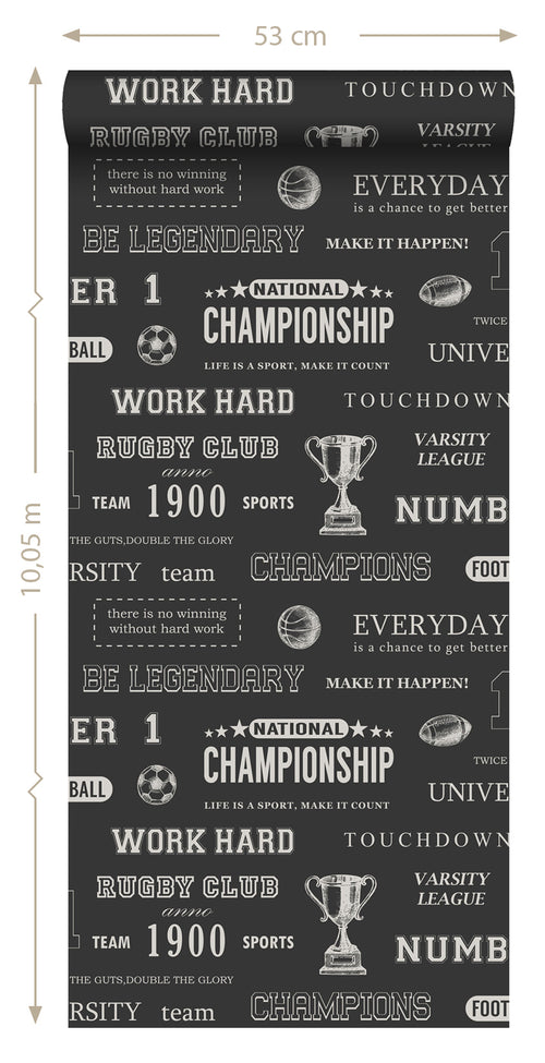 ESTAhome behang sportquotes zwart - 53 cm x 10.05 m - 128815