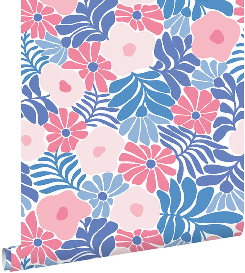 ESTAhome behang bloemen in Matisse stijl blauw en roze - 50 x 900 cm - 131006 - vtwonen shop