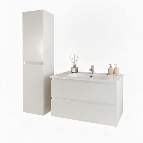 LOMAZOO badmeubelset Verona - met hoge kast & witte wastafel - glanzend wit - 80 cm