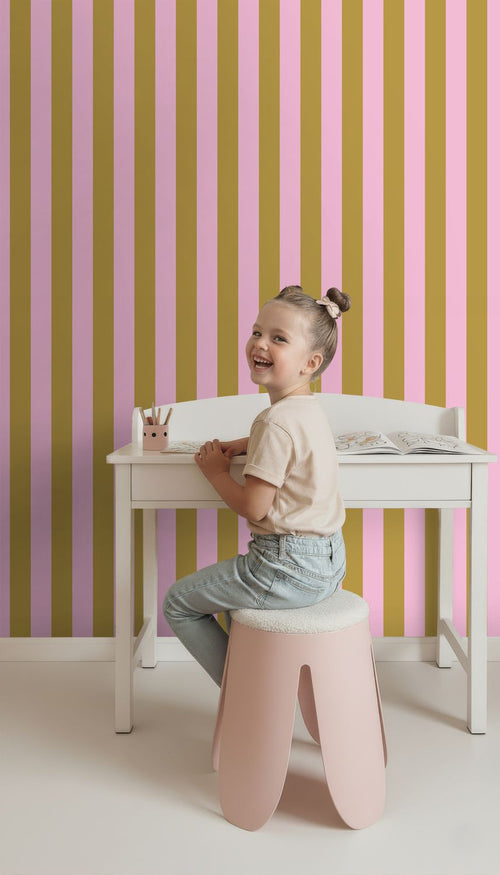 ESTAhome behang strepen lila roze en mosterdgeel - 50 x 900 cm - 131975