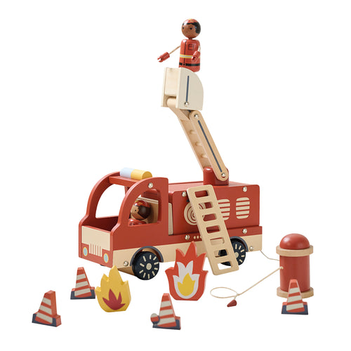 Petite Amélie Brandweerauto Pompier – Incl. 7 accessoires & 2 houten poppen – 360° draaibare kraan – Kofferbak met opbergruimte & klep - vtwonen shop