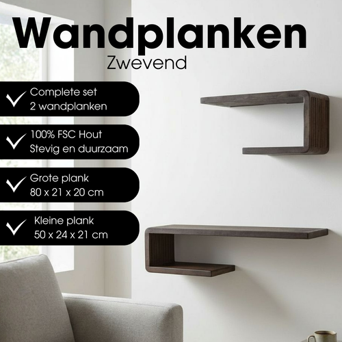 Mica Decorations Josha Wandplank Zwevend - Zwevende Boekenplank Set van 2 - 80 x 21 x 20 cm - Wandplank Hout Gerecycled - Onzichtbaar Ophangsysteem -