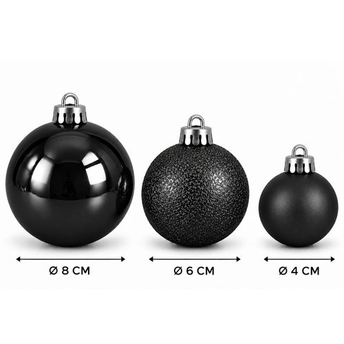 Mica Decorations Kerstballenset Zwart 46 Stuks - Onbreekbare Kerstballen met Diameter 4, 6 en 8 cm - Mix van Mat, Glans en Glitter -