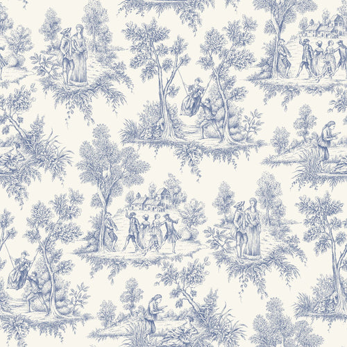 ESTAhome behang toile de jouy print blauw - 50 x 900 cm - 132096