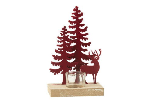 J-Line theelichthouder 1 Stuk Rendier/Bomen - metaal/hout - rood