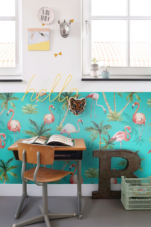 ESTAhome XXL behang flamingos turquoise, groen en roze - 50 x 900 cm - 158609