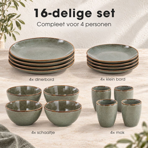 Mica Decorations Tabo Serviesset 16-Delig Groen - Keramische Borden voor 4 Personen - Complete Set met Mokken en Schaaltjes - Handgemaakt Botanisch