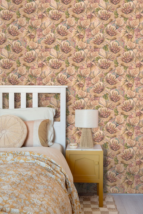 ESTAhome behang geborduurd bloemmotief bruin, beige en oudroze - 50 x 900 cm - 131295