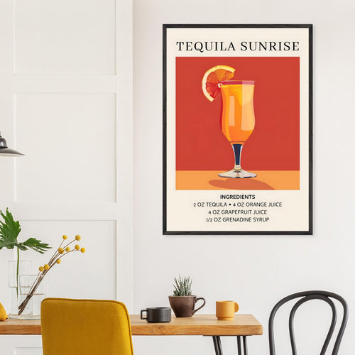 Artfulprints Poster met Lijst Tequila Sunrise cocktail - Ingrediënten   - A4 21x29.7 cm - Oranje