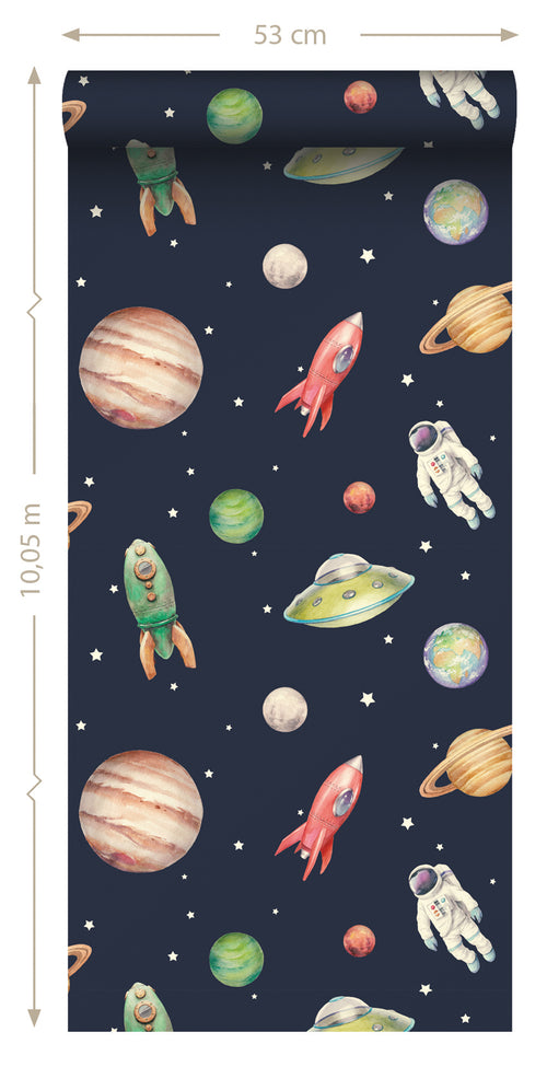 Sanders & Sanders behang planeten in de ruimte donkerblauw, groen en rood - 53 cm x 10.05 m - 935347