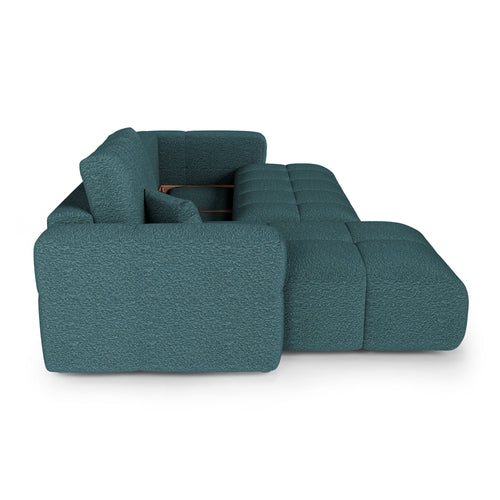 Premium Interiors - Linkshoekbank met slaapfunctie en opbergruimte VIBE - bouclé-stof eendblauw 286cm