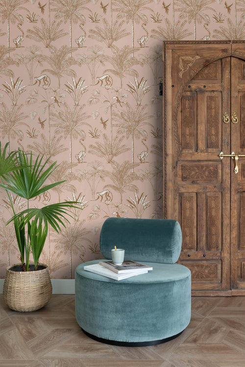 ESTAhome XXL behang jungle-motief perzik roze - 50 x 837 cm - 158943