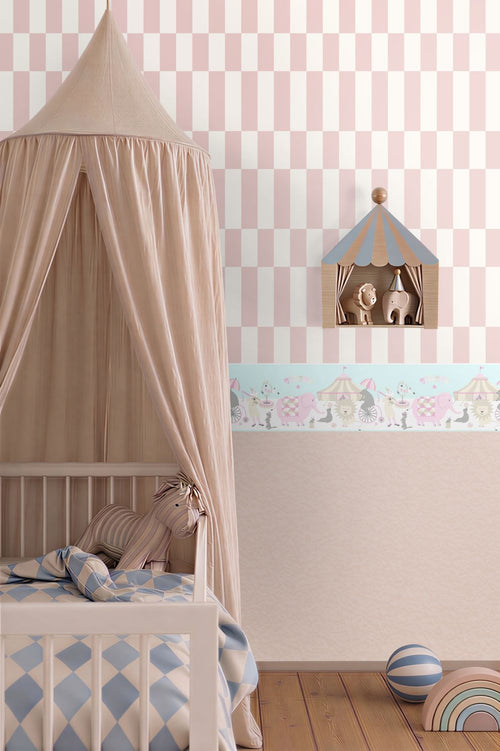 ESTAhome behangrand circus figuren licht roze, lichtblauw en beige - 500 x 26.5 cm - 178702