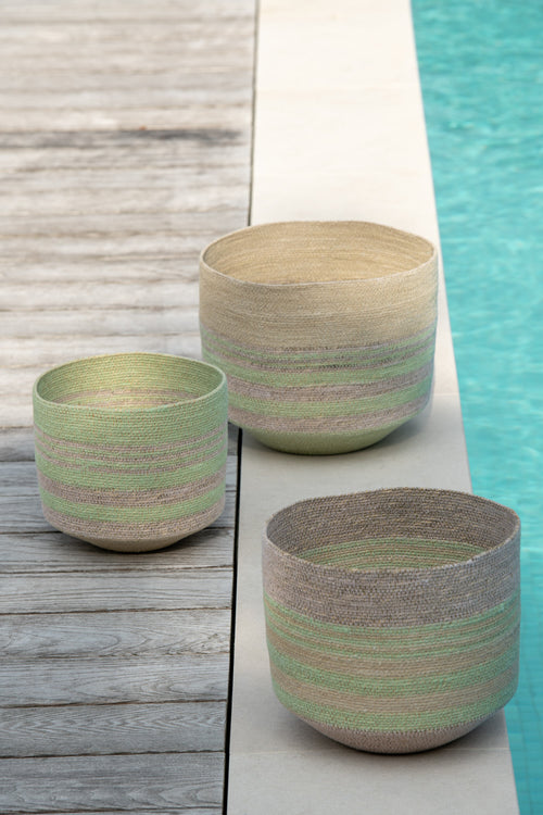 J-Line mand Strepen - riet - naturel/groen - set van 3