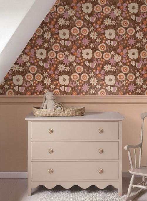 ESTAhome behang retro bloemen bruin, oranje en lila paars - 50 x 900 cm - 132158