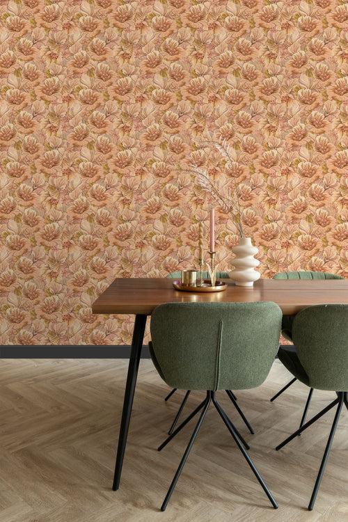 ESTAhome behang geborduurd bloemmotief lichtbruin, beige en geel - 50 x 900 cm - 131292