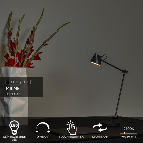 Lucide leeslamp MILNE - Geïntegreerde LED - Zwart - vtwonen shop