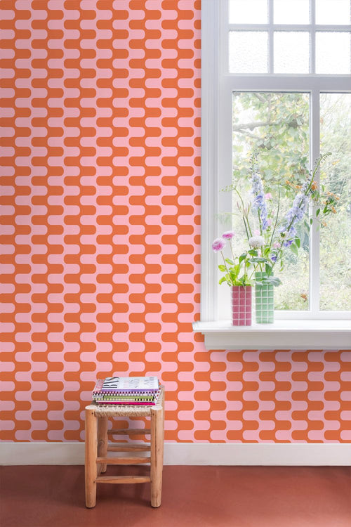 ESTAhome behang golvende lijnen oranje en roze - 50 x 900 cm - 131836