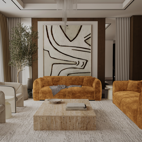 Premium Interiors - Bank LUSH - fluweel met motieven mosterd 205cm