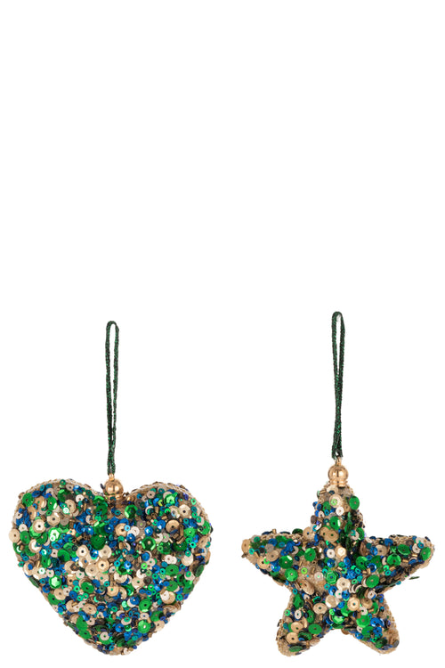 J-Line kersthanger Hart + Ster Pailletten - kunststof - groenblauw - 2 stuks - vtwonen shop
