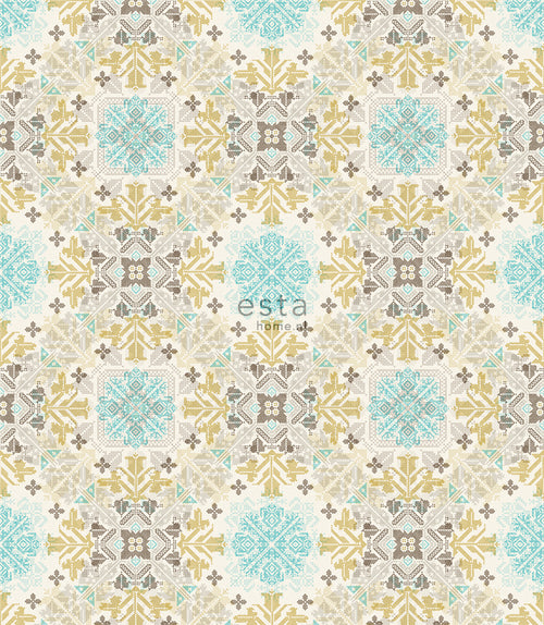 ESTAhome XXL behang folkloristisch borduurwerk beige en turquoise - 50 x 900 cm - 158605 - vtwonen shop