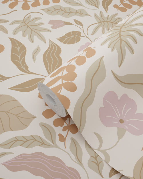 ESTAhome behang bladeren en bloemen warm beige, terracotta en paars - 50 x 900 cm - 131051 - vtwonen shop