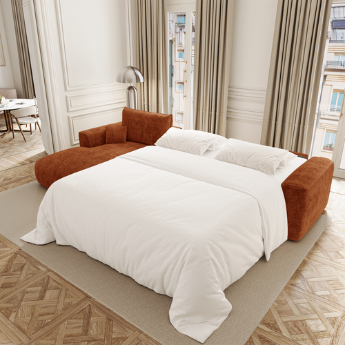 Premium Interiors - Linkerhoekbank met snelle uitklapfunctie COMO - zacht aanvoelende geweven stof terracotta 300cm