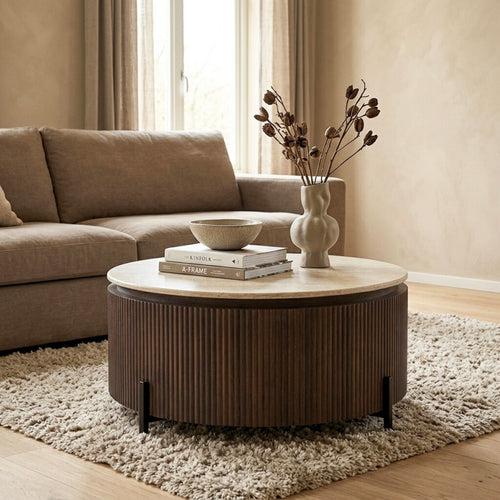 Giga Meubel Salontafel Celia - Rond Walnoot Travertinlook - 110x110x35cm