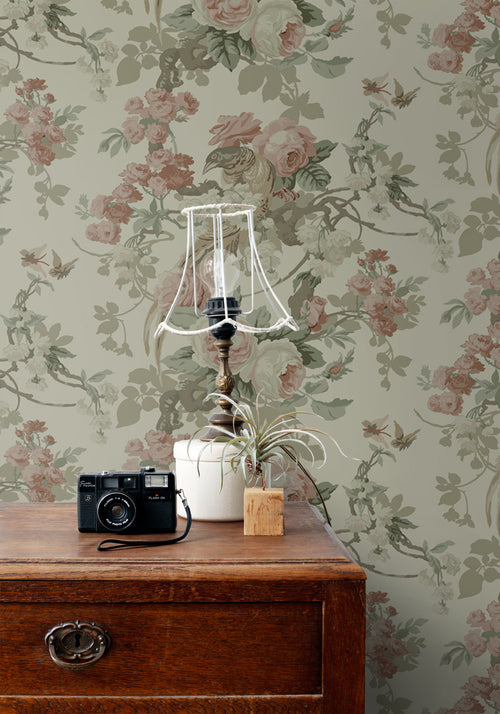 ESTAhome behang bloemen en vogels vergrijsd groen - 50 x 900 cm - 139810 - vtwonen shop