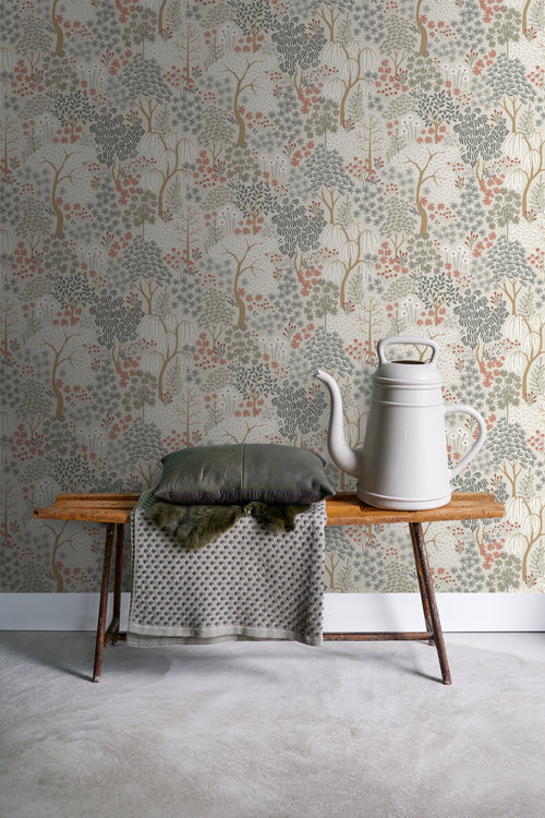 ESTAhome behang bomen en bloemen vergrijsd groen en terracotta - 50 x 900 cm - 131187 - vtwonen shop