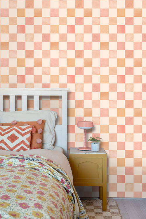 ESTAhome behang geblokt motief beige, oranje en roze - 50 x 900 cm - 131719