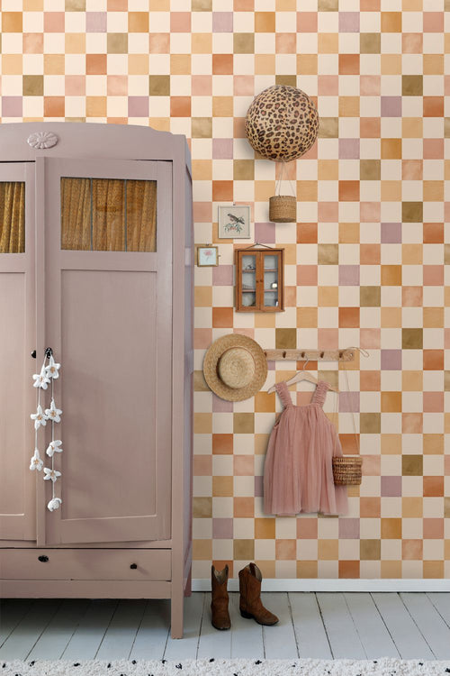 ESTAhome behang geblokt motief oranje, geel en paars - 50 x 900 cm - 132178