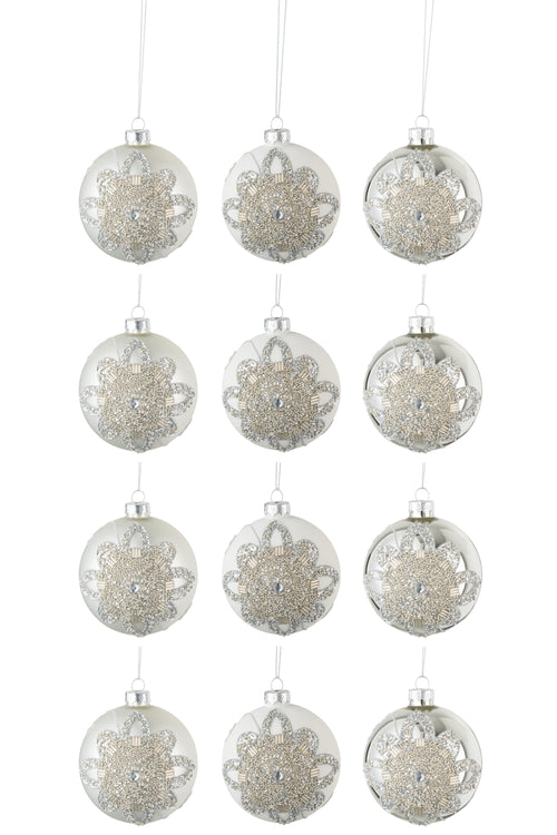 J-Line kerstbal Ornament Parels - glas - mat wit/zilver - small - doos van 12