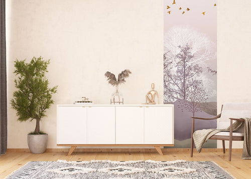 Sanders & Sanders poster berglandschap met bomen paars, beige en wit - 90 x 270 cm - 601076