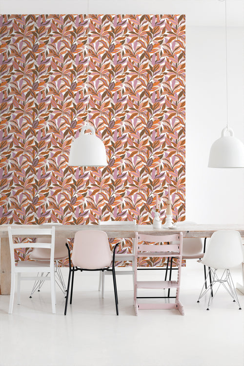 ESTAhome behang tropische bladeren oranje, paars en roze - 50 x 900 cm - 131042 - vtwonen shop