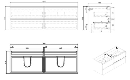Badplaats Badkamermeubel Set Angela 140 cm – Kastanje Eiken – Badmeubel met Zwarte Wastafel