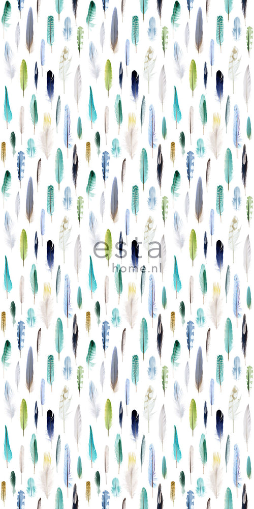 ESTAhome XXL behang veren groen, blauw en beige - 50 x 900 cm - 158602 - vtwonen shop