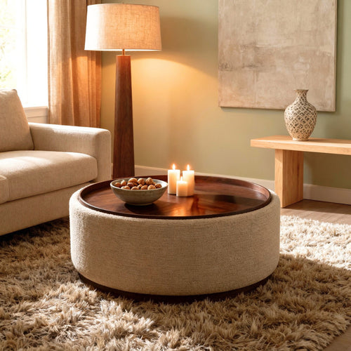 DÉJA Living Salontafel Marcia - Rond Beige/Walnoot - Incl. Opbergruimte - Ø83cm - vtwonen shop