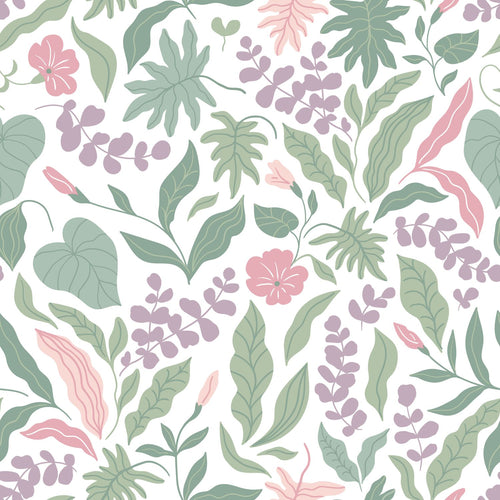 ESTAhome behang bladeren en bloemen paars, roze en groen - 50 x 900 cm - 131049 - vtwonen shop