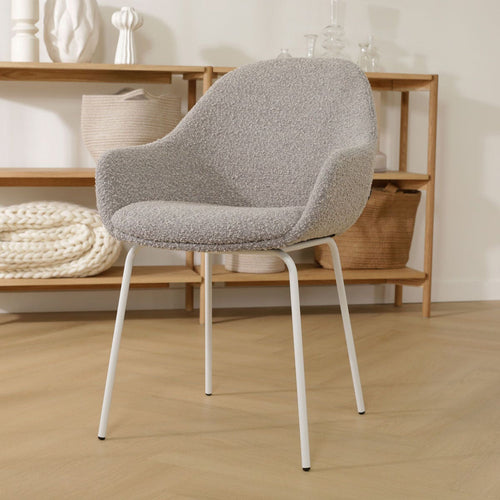 Nolon Nora-Mae Eetkamerstoel Bouclé Taupe - Armleuning - Witte Poten