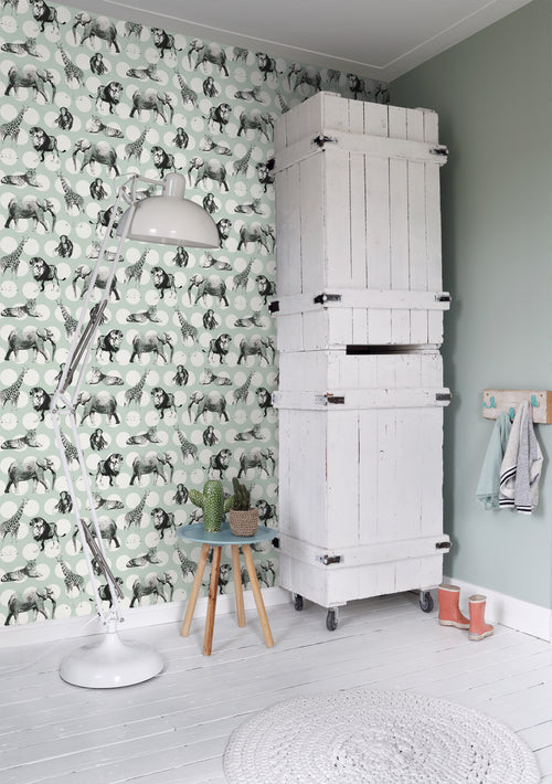 ESTAhome behang dieren met stippen mintgroen en zwart - 53 cm x 10.05 m - 128713