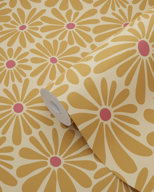 ESTAhome behang madeliefjes okergeel en roze - 50 x 900 cm - 131152 - vtwonen shop