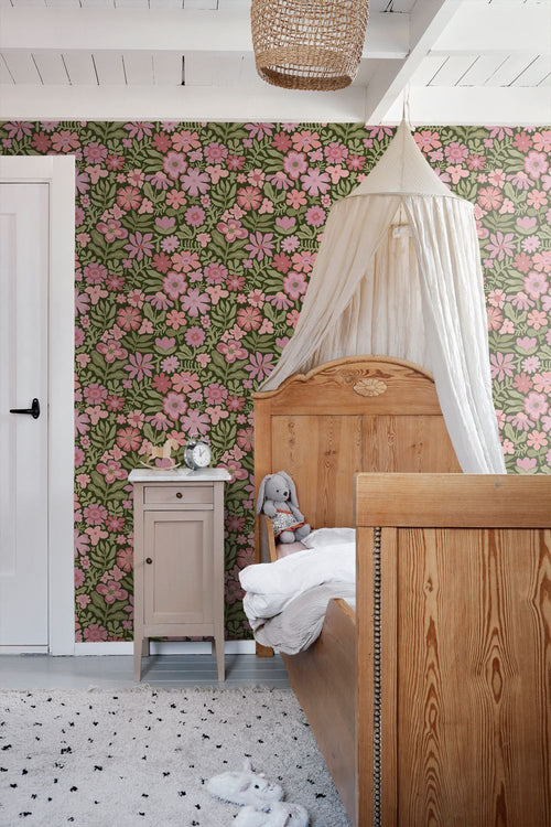 ESTAhome behang bloemetjes groen, roze en paars - 50 x 900 cm - 132293