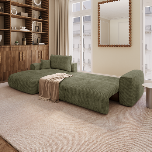 Premium Interiors - Linkshoekbank met slaapfunctie en opbergruimte COMO - corduroy olijfgroen 297cm