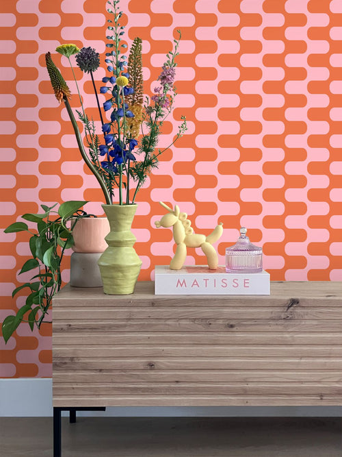 ESTAhome behang golvende lijnen oranje en roze - 50 x 900 cm - 131836