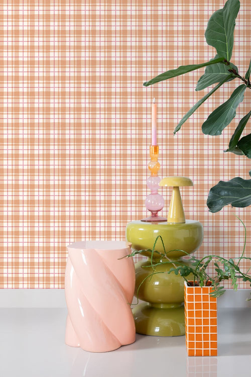 ESTAhome behang ruitjes roze en terracotta - 50 x 900 cm - 131952