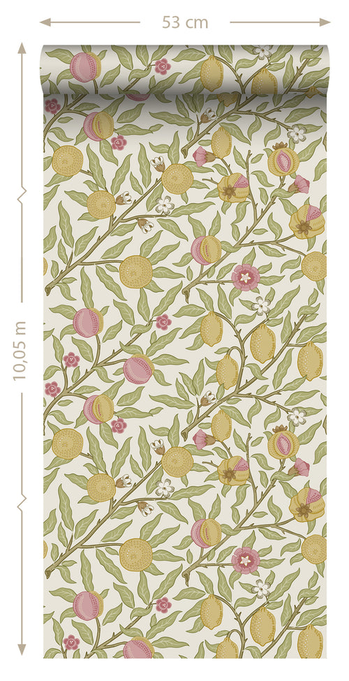 ESTAhome behang exotisch fruit en bladeren groen, roze en okergeel - 50 x 900 cm - 131169 - vtwonen shop