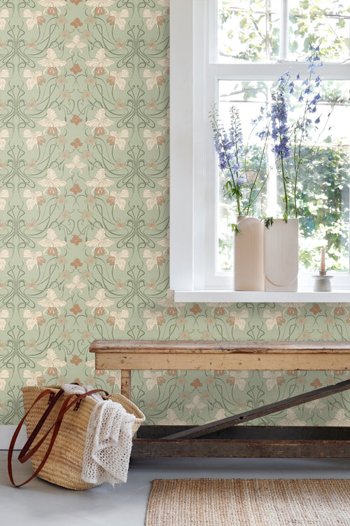 ESTAhome behang vintage bloemen in art nouveau stijl vergrijsd groen en terracotta - 53 cm x 10.05 m - 139667 - vtwonen shop