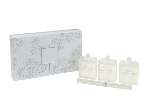 J-Line geurstokjes White Gardens - Sapphire Amber Tea - glas - wit - doos van 3